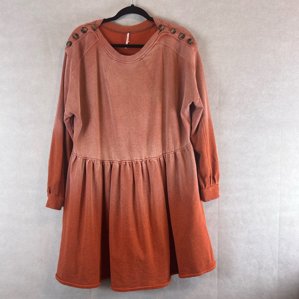 Free People Marlena Dress Women’s XS Rust Orange Button Shoulder Long Sleeve